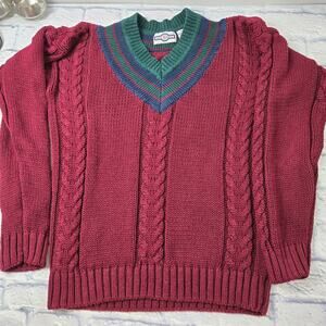 Vintage Gulf Traders Men's Sweater Red Cable Vneck Varsity Ribbed Trim Medium